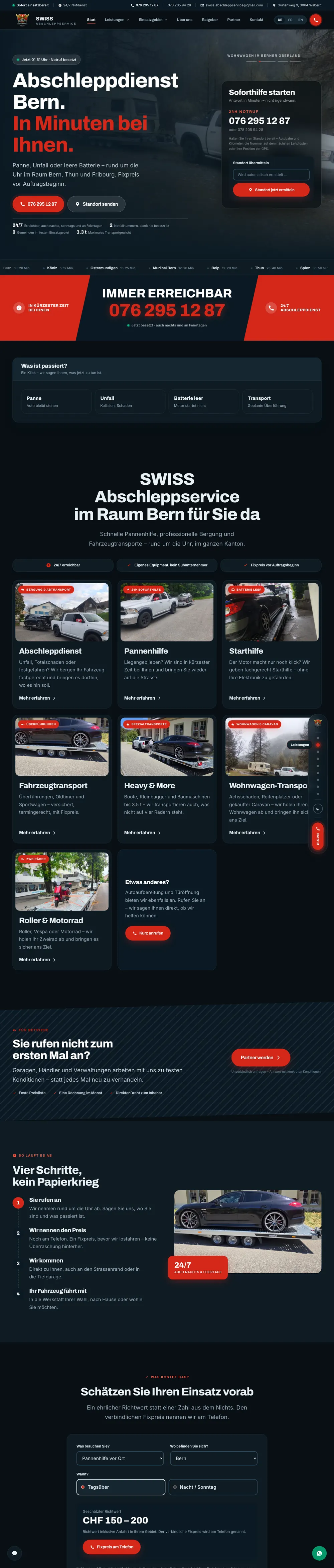 Die komplette Website von Swiss Abschleppservice, zum Durchscrollen