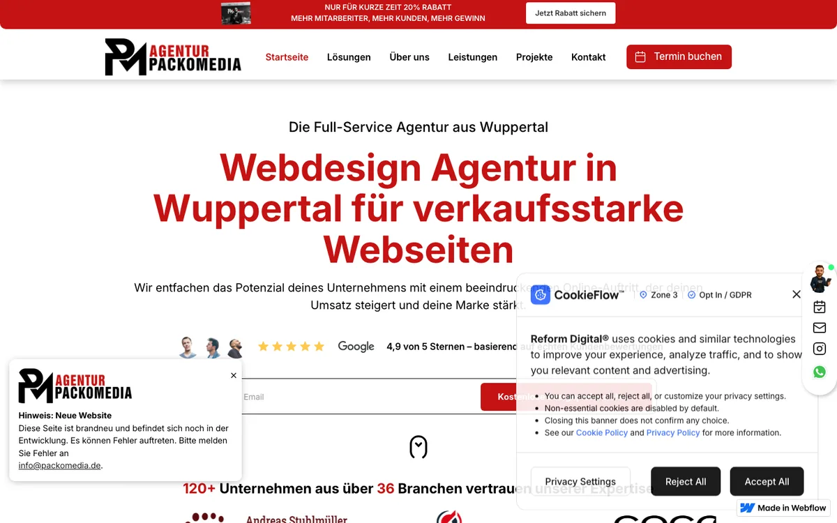 Der alte Webflow-Auftritt von Packomedia